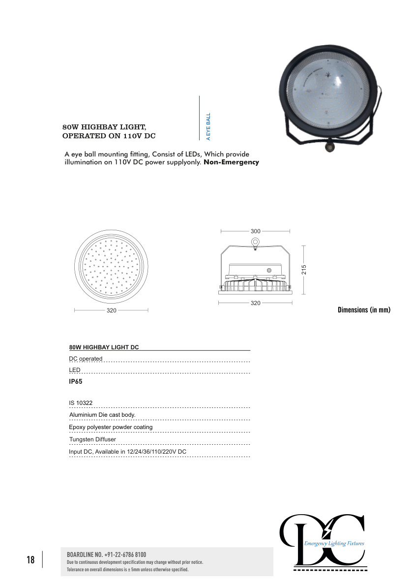 80W HIGHBAY LIGHT, OPERATED ON 110V DC catalog page 1